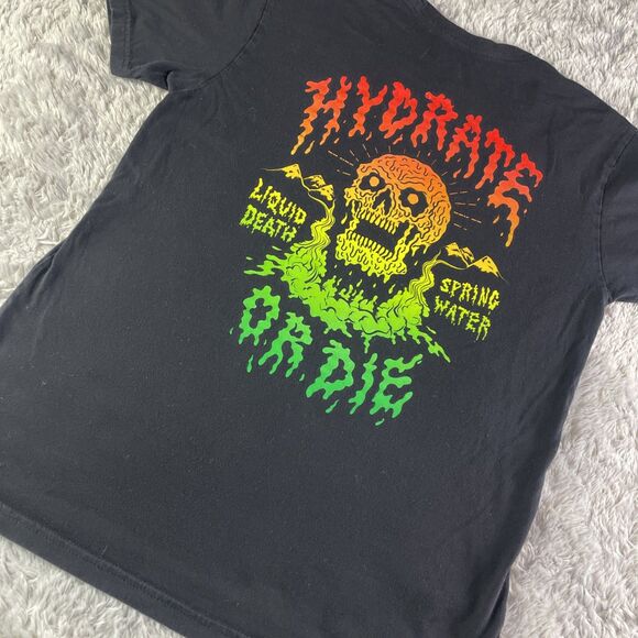 Liquid Death Shirt Mens Large Black Hydrate Or Die Spring Water Skull Rainbow - Picture 1 of 9